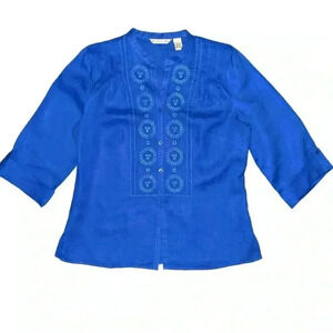 E•COL•O•GIE size Large 100% linen beautiful blue with detailed embroidery top